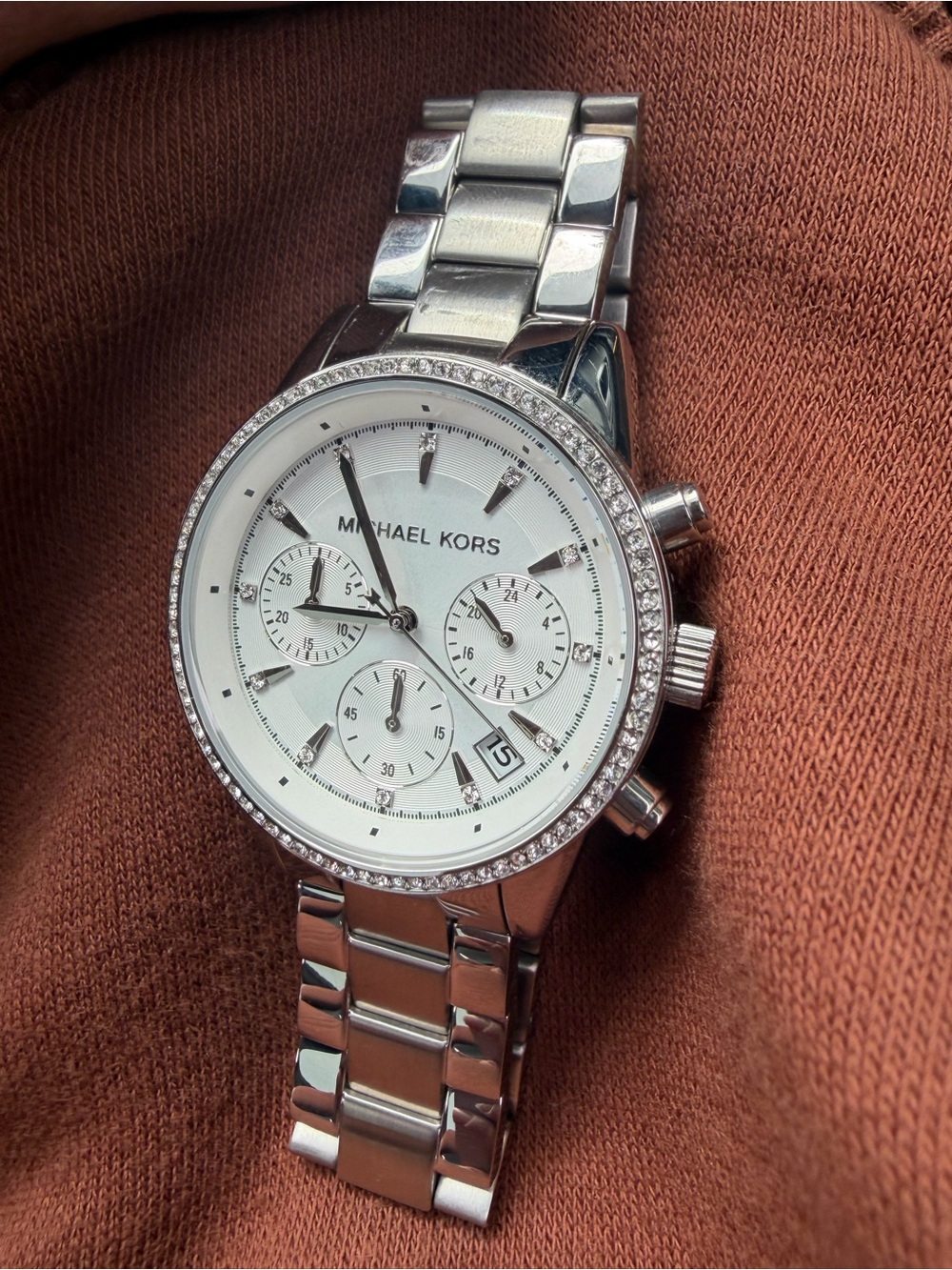 Michael Kors Silver Watch with White Dial and Crystal Bezel